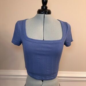 Blue Ribbed Square Neck Women's Top
